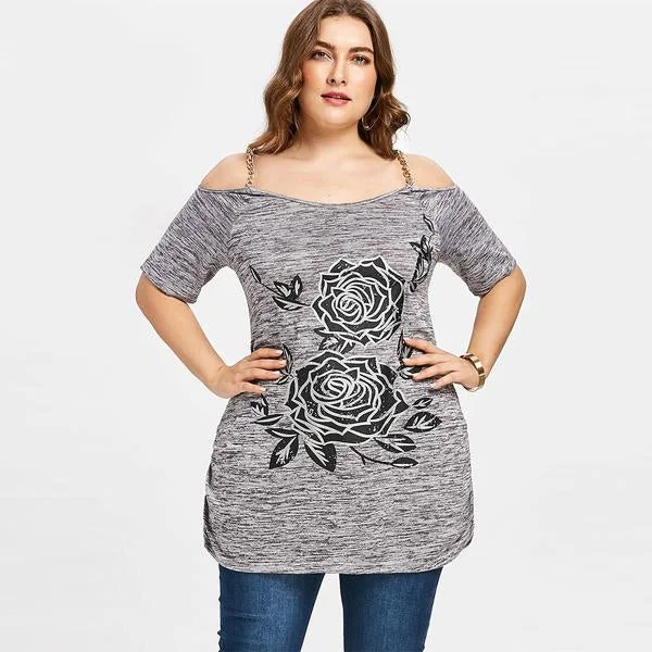 ANALUKE Floral Chains Embellished Tunic Short Sleeve T-Shirt