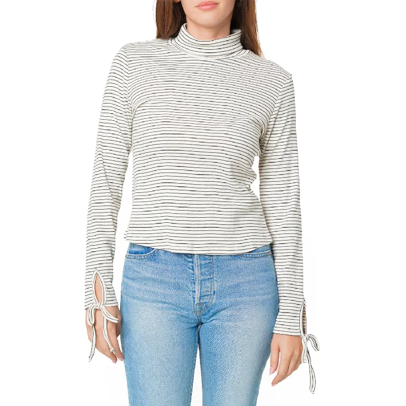 Women's Long Sleeve Mock Neck Tie Cuff Stripe Tee