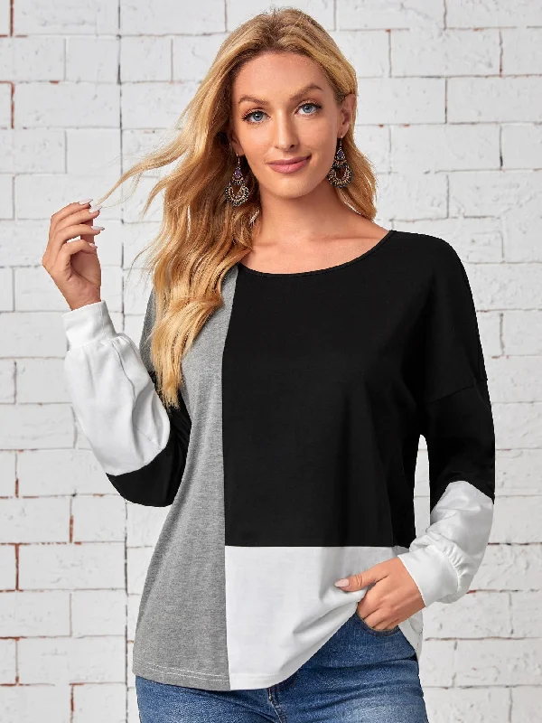 Casual Colorblock Long Sleeve Round Neck Regular Women T-Shirt