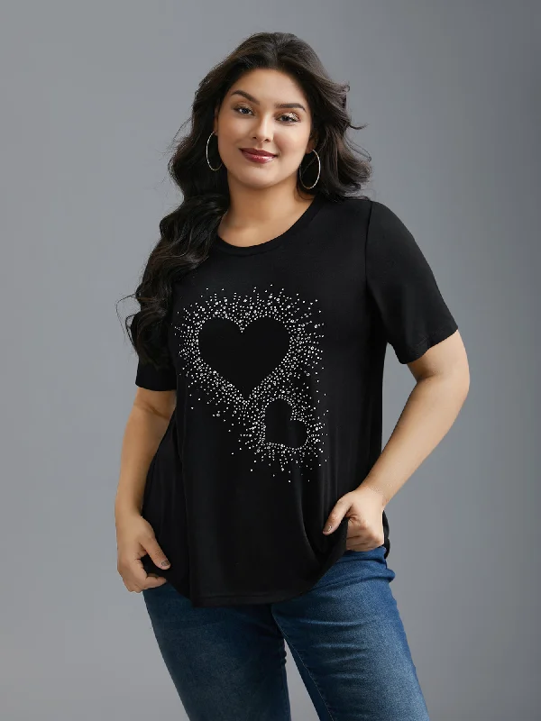 Crew Neck Rhinestone Heart T-Shirt