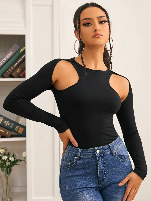 Sexy Plain Cut Out Long Sleeve Round Neck Regular Women T-Shirt