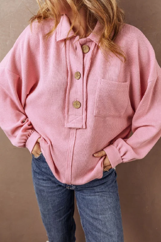 Pocketed Half Button Long Sleeve Sweatshirt Top