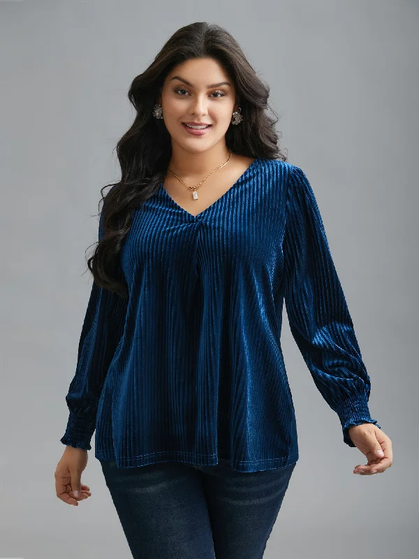 V Neck Plain Shirred Velvet Top