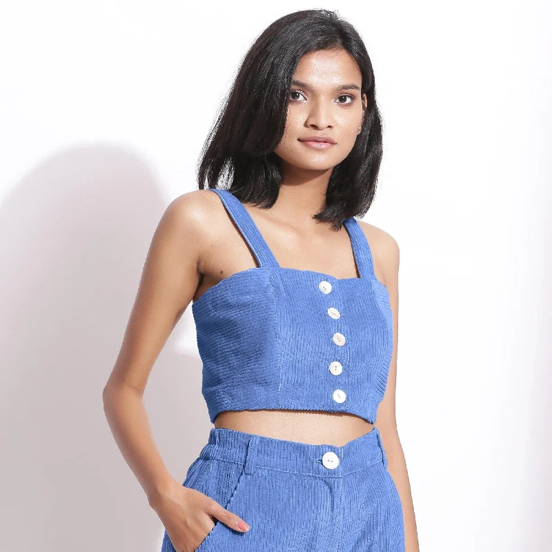 Ice Blue Warm Cotton Corduroy Slim Fit Crop Top