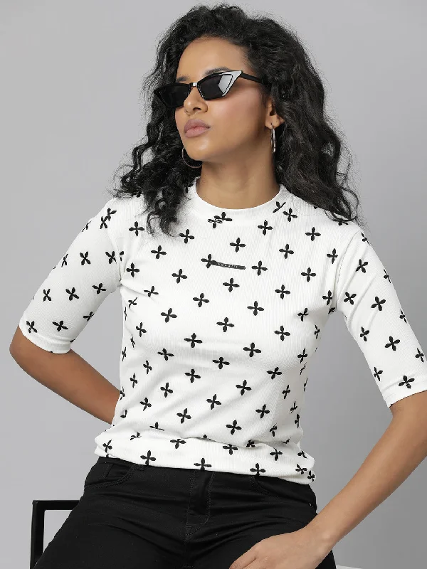 Mega Deal Women Off White Geometric T Shirt