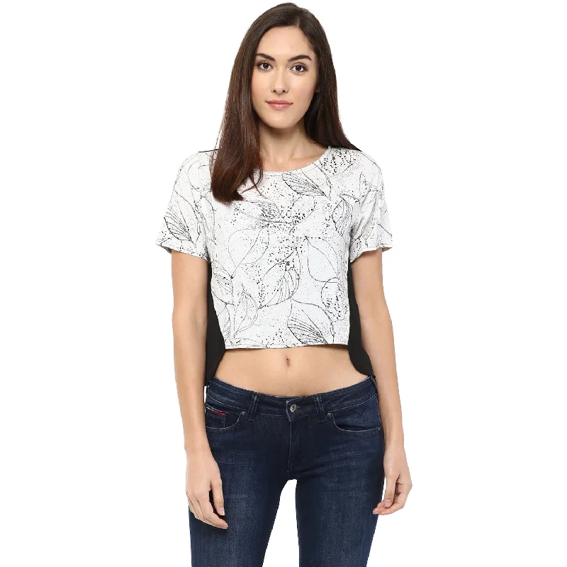 White And Black High Low Printed Crop Top