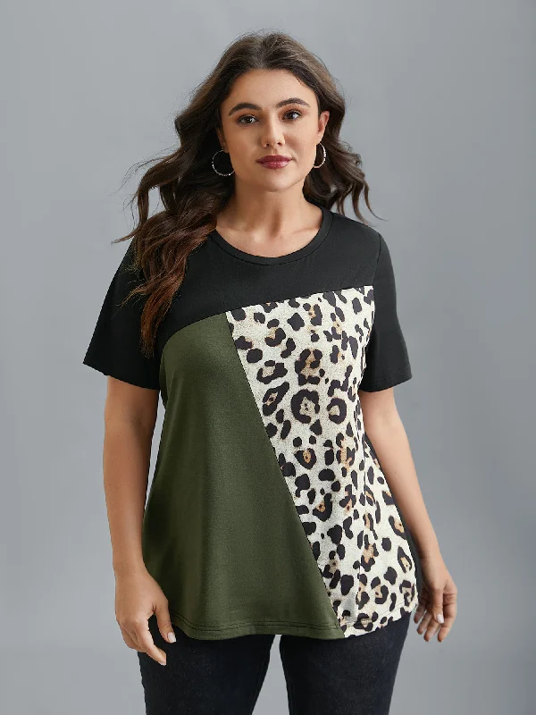 Leopard Print Contrast Patchwork Fitted T-Shirt