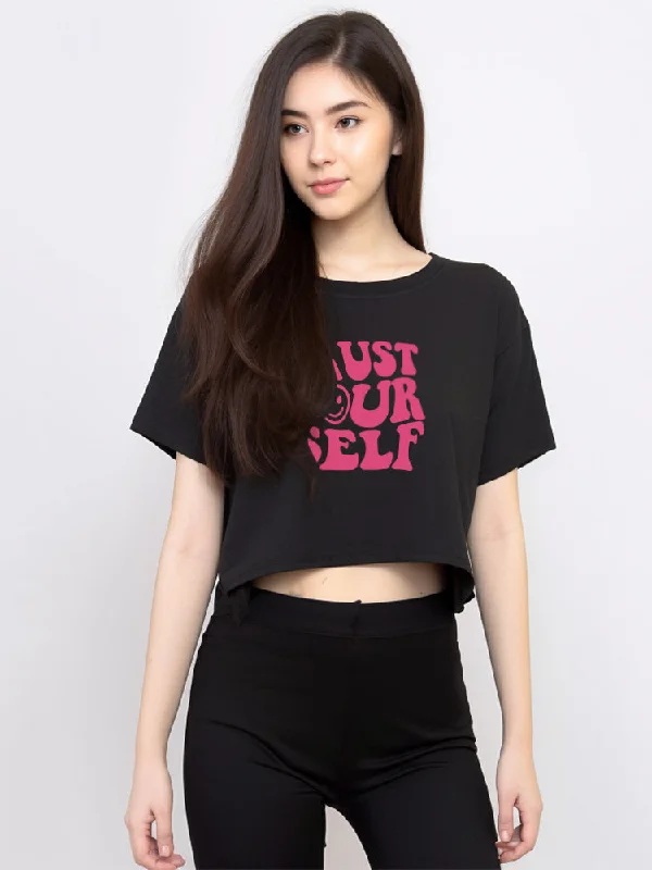 LTF15 kaos oversize crop top longgar wanita "trust yourself" hitam