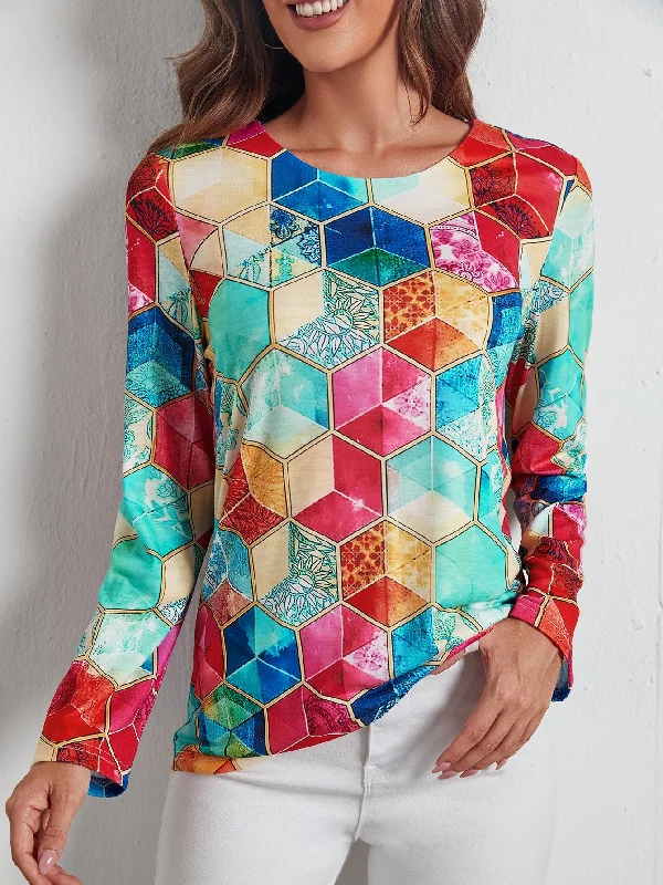 Casual Geometric Long Sleeve Round Neck Regular Women T-Shirt