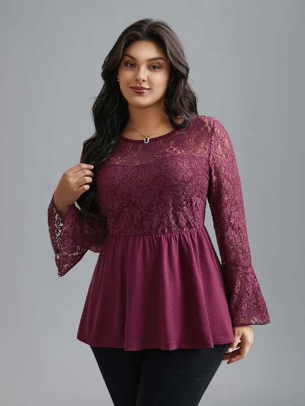 Sheer Lace Knit Micro-Elastic Bell Sleeve Top