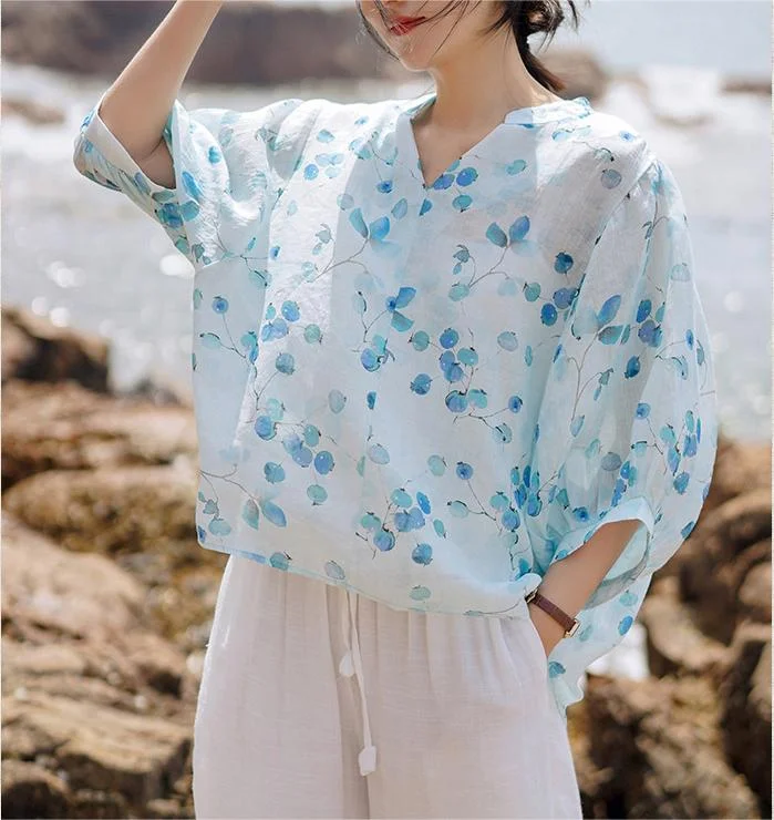 Summer Loose Floral Puff Sleeve Ramie T-shirt