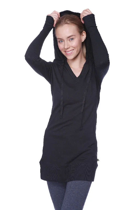 Women's Long Body Hoodie Top (Solid Black)