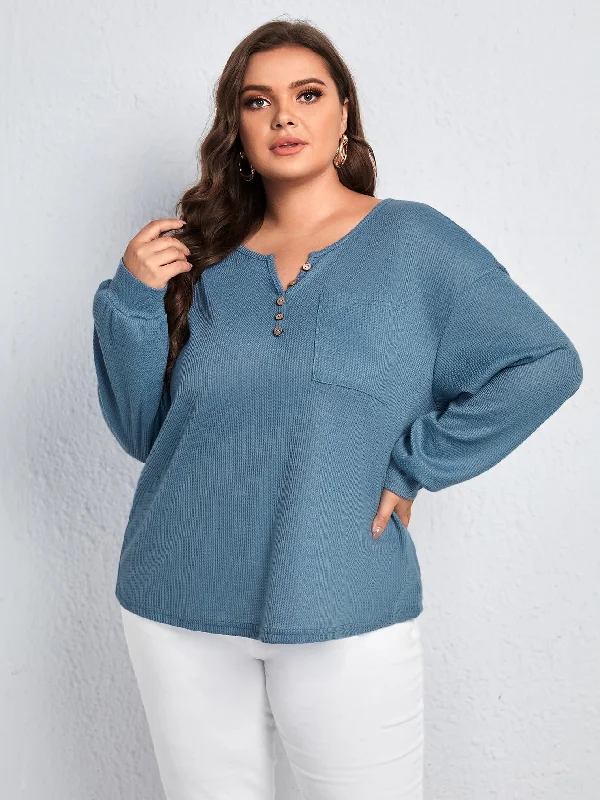 Plain Button Front Long Sleeve Notched Regular Plus Size T-Shirt