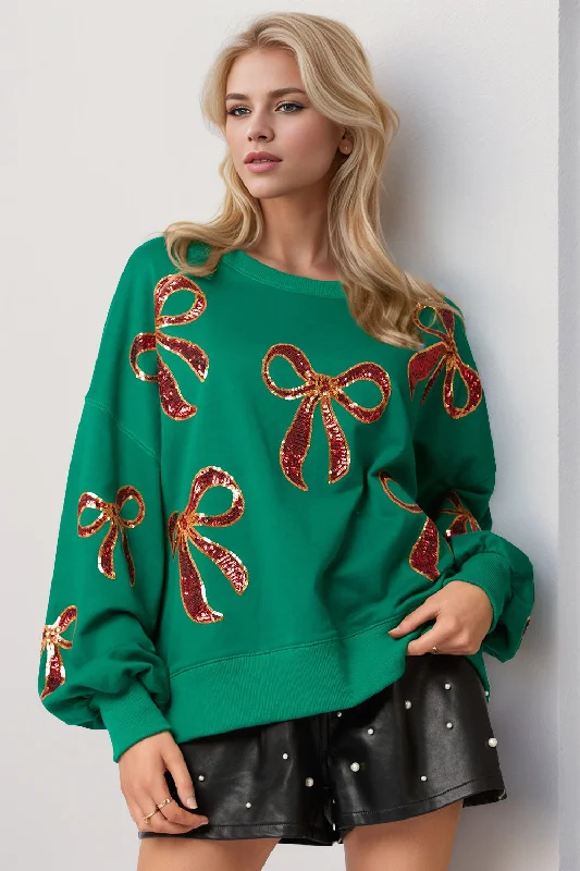 Christmas Bow Sequin Round Neck Dropped Shoulder Sweatshirt