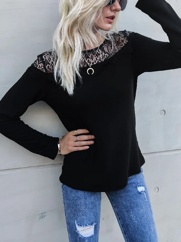 Casual Plain Contrast Lace Long Sleeve Boat Neck Regular Women T-Shirt