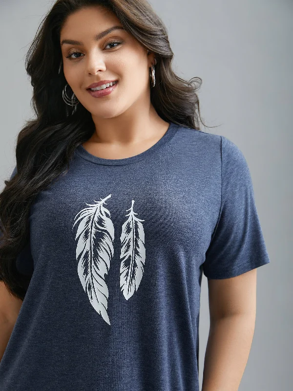 Round Neck Feather Pattern T-Shirt