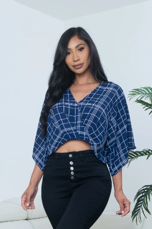 'A Star in Stripes' Window Pane Plaid Chiffon Surplice V Neck Dolman Sleeve Crop Top* (KT18127)