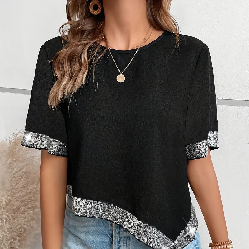 Solid Color Sequin T-shirt Round Neck Button Fashion Casual Tops Wholesale Womens Clothing N3824052000018