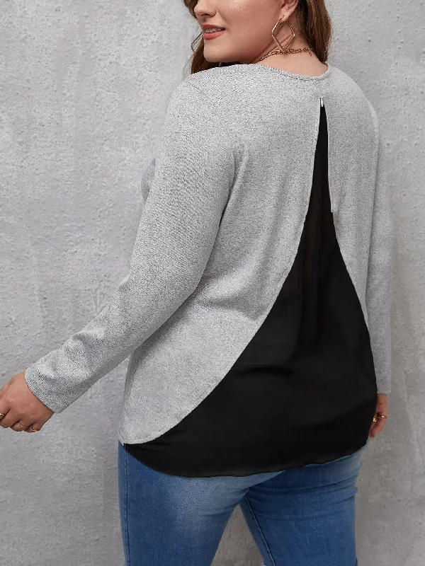 Colorblock Long Sleeve Round Neck Regular Plus Size T-Shirt