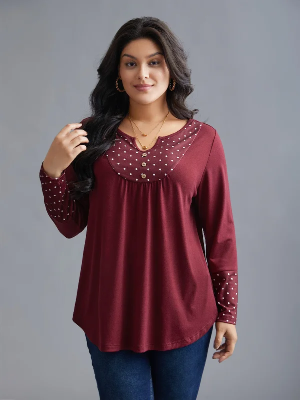 Notched Button Detail Polka Dot Patchwork T-shirt