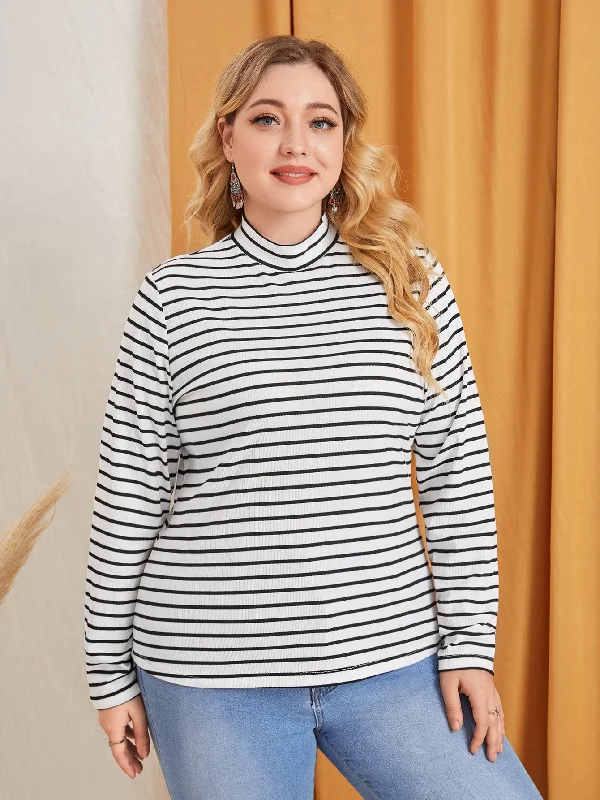 Striped Rib-Knit Long Sleeve Stand Collar Regular Plus Size T-Shirt