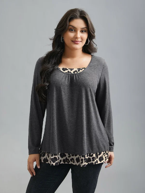 2-in-1 Leopard Print Spliced Knit Top