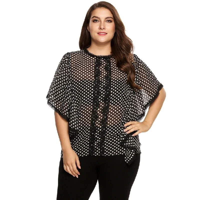 ANALUKE Lace-Trim Polka Dot Chiffon Blause Short Sleeve Blouse