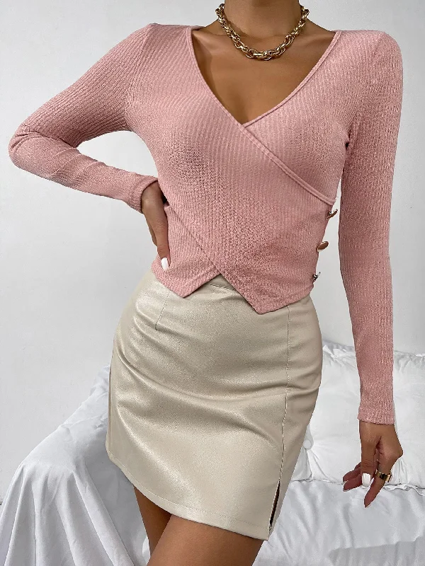 Casual Plain Rib-Knit Long Sleeve V Neck Crop Women T-Shirt