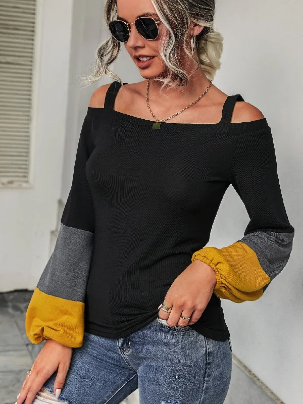 Casual Colorblock Cut Out Long Sleeve Cold Shoulder Regular Women T-Shirt