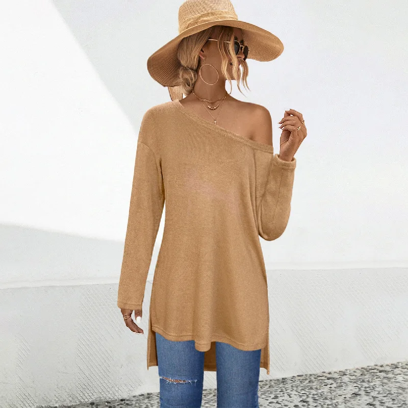 Long Sleeve One Shoulder Slit Irregular Knit Tops Wholesale Womens Clothing N3824111300030