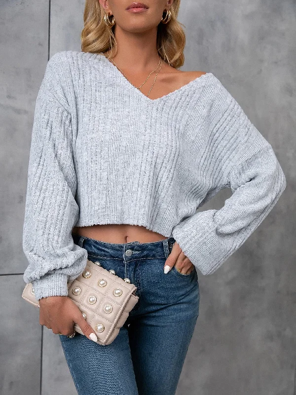 Casual Plain Rib-Knit Long Sleeve V Neck Crop Women T-Shirt