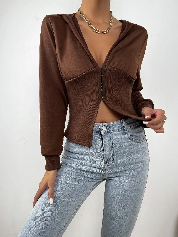 Casual Plain Long Sleeve Hooded Crop Women Sweatshirt