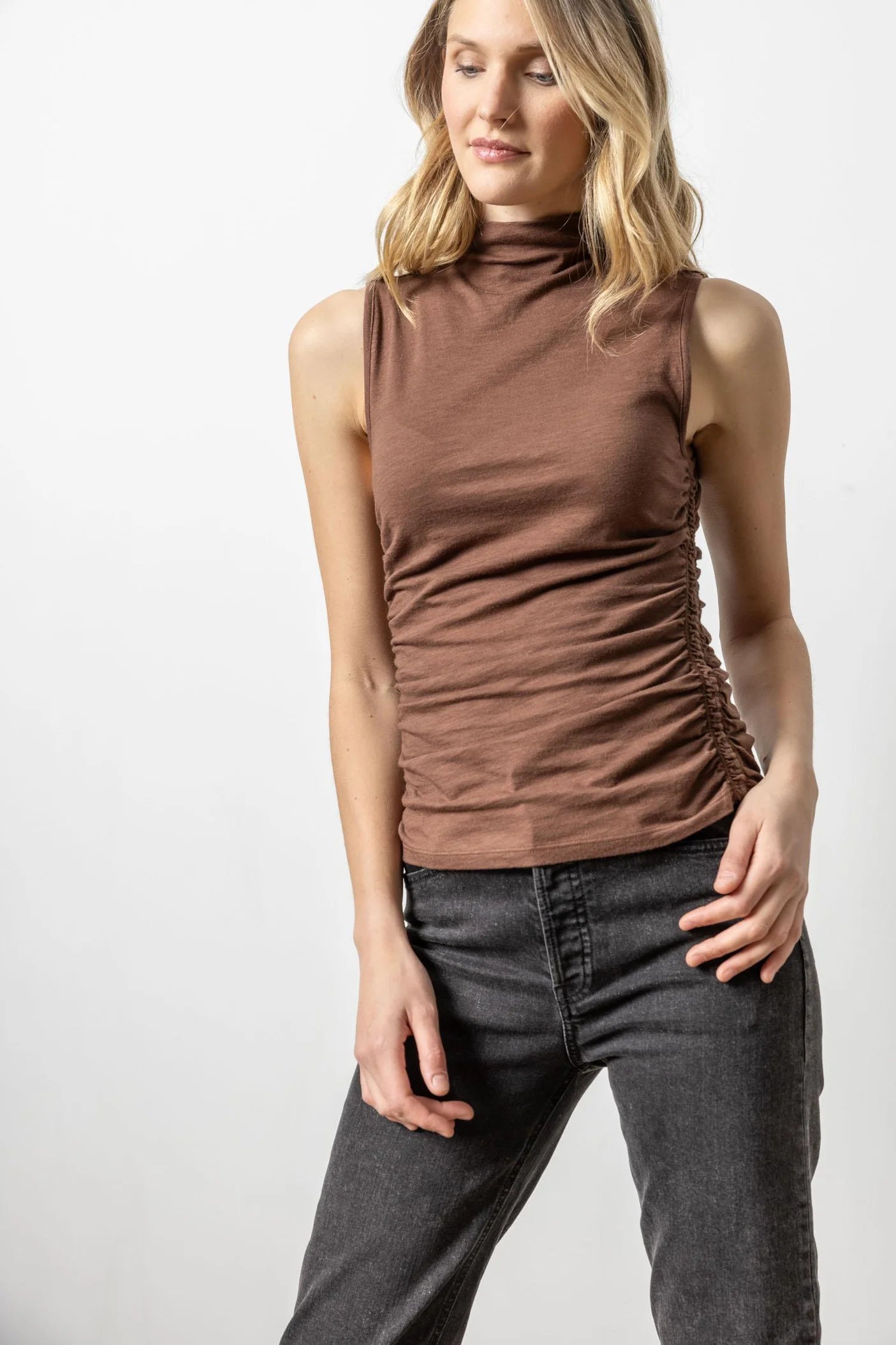 Shirred Mock Neck Tank in Java