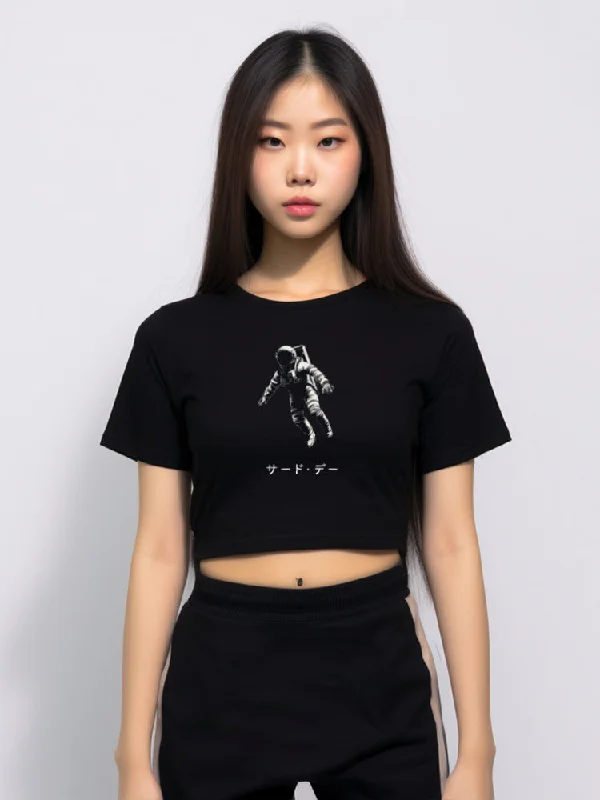 LTF16 kaos oversize crop top wanita longgar "astronaut katakana" hitam