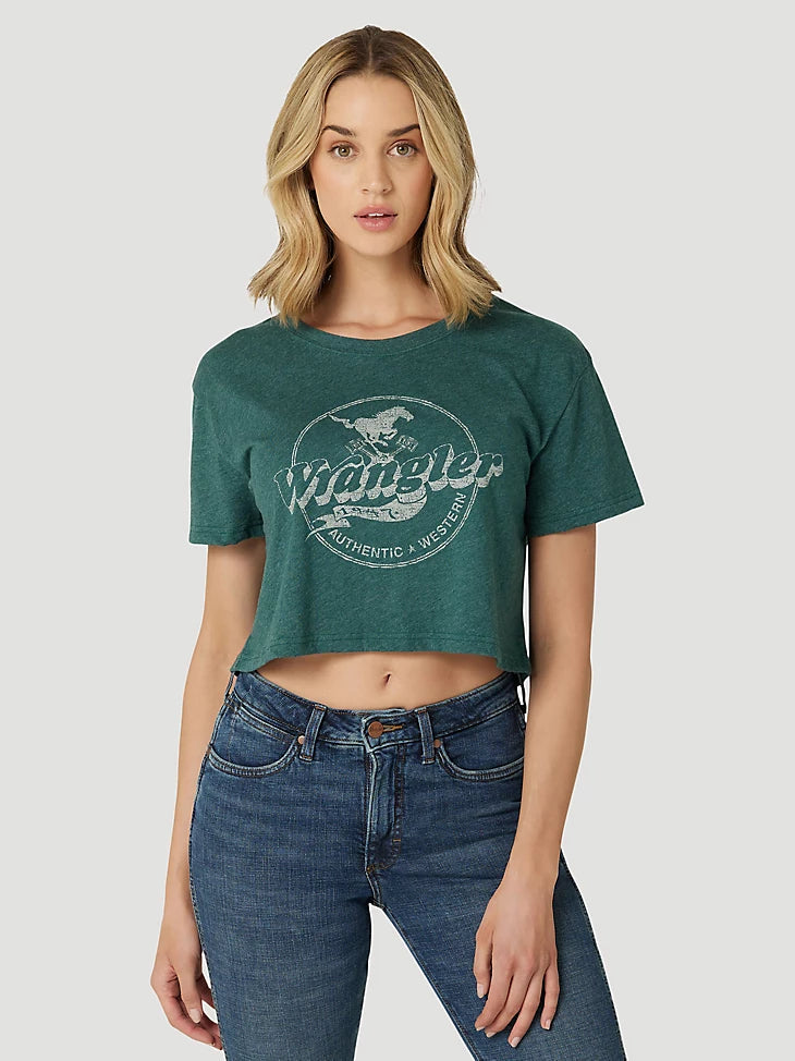 WOMEN'S WRANGLER GALLOPING BOYFRIEND CROP TEE IN JUNEBUG HEATHER