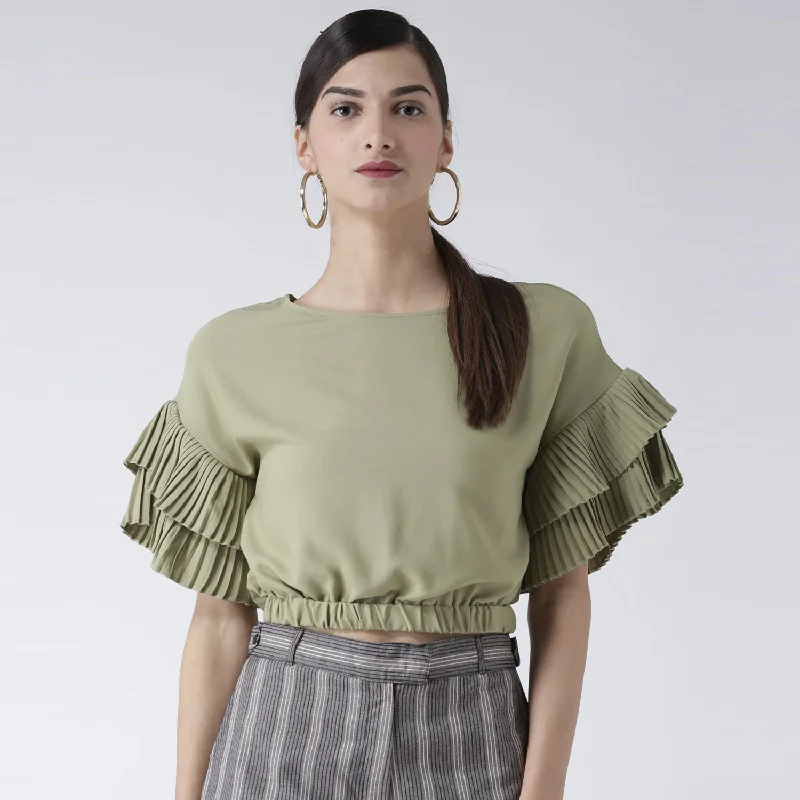 Olive Crop Top With Short Flared Sleeves