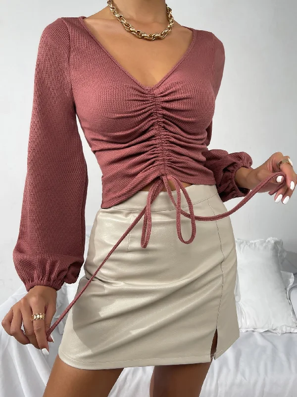 Elegant Plain Ruched Long Sleeve V Neck Crop Women T-Shirt