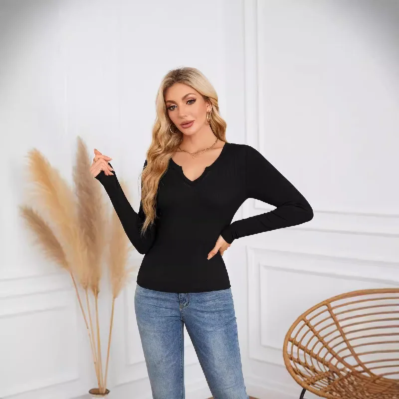 Deep U-neck Crossover Long Sleeve T-shirt Wholesale Womens Tops N3824091200174