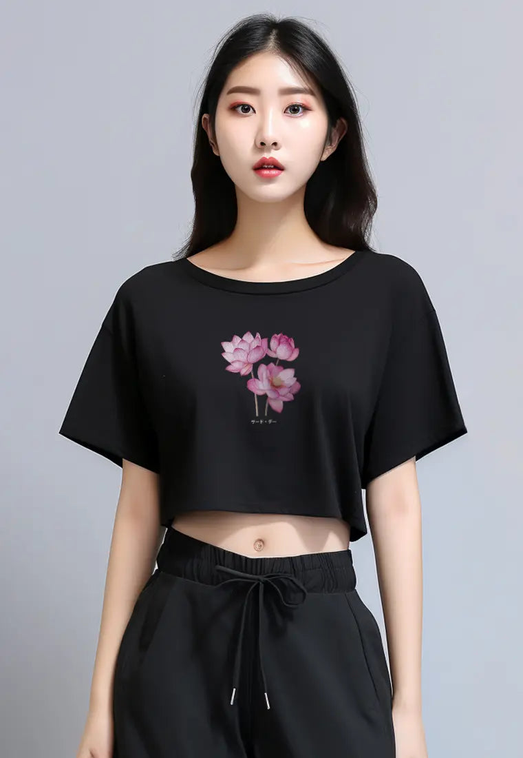 LTG47 Kaos Wanita Gambar Bunga Lotus OLC Crop Oversize Hitam