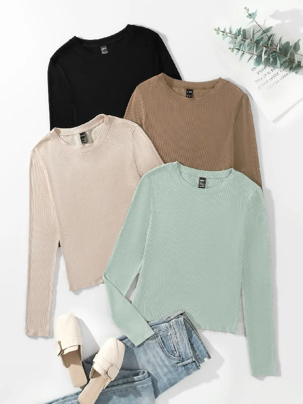 Plain Long Sleeve Round Neck Regular Plus Size T-Shirt