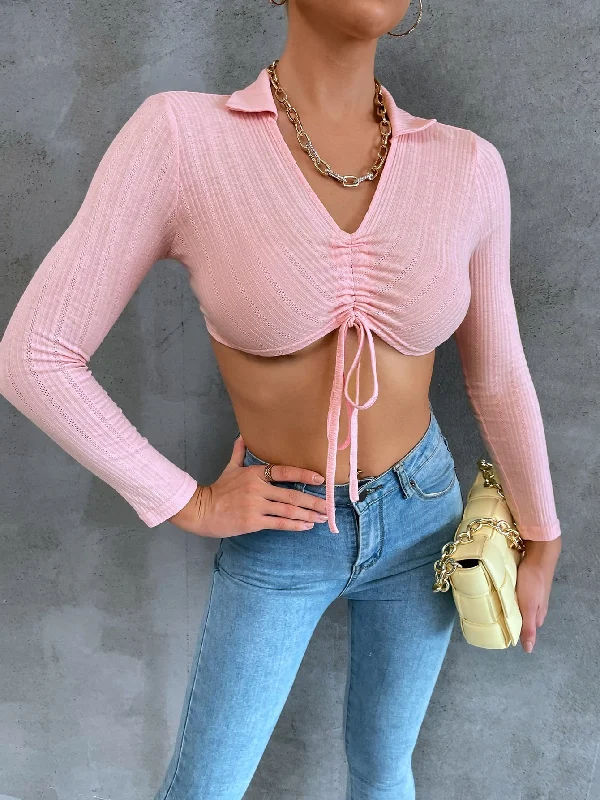 Sexy Plain Rib-Knit Long Sleeve V Neck Asymmetrical Crop Women T-Shirt