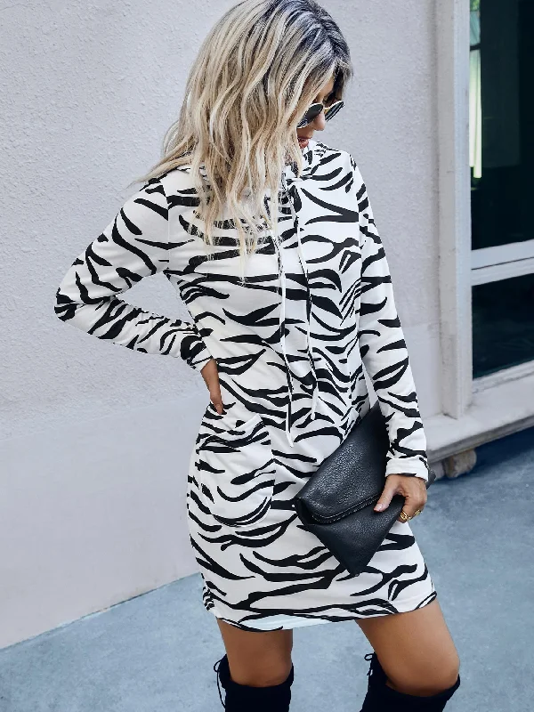 Casual Zebra Stripe Pocket Long Sleeve Hooded Long Women Sweatshirt