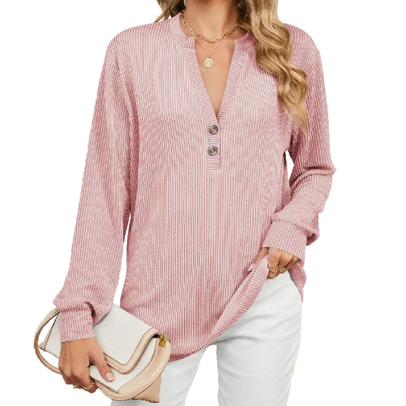 Long Sleeve Button Loose Tops V Neck Striped T-Shirts Wholesale Womens Clothing N3824072900059