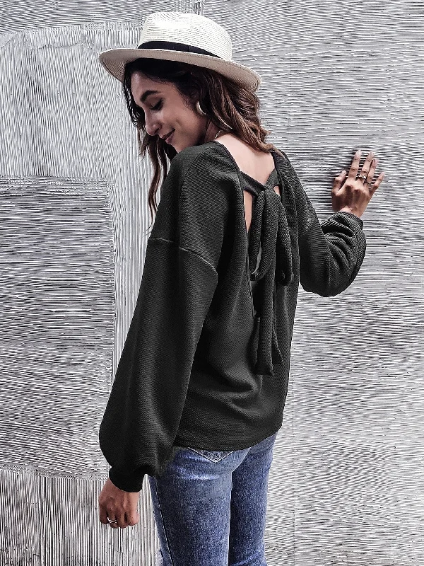 Casual Plain Tie Back Long Sleeve Round Neck Regular Women T-Shirt