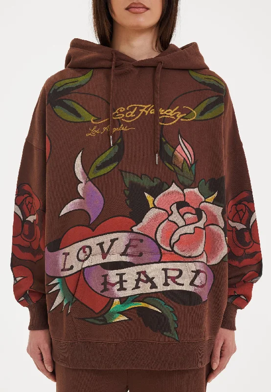 Womens Love Hard Graphic Relaxed Pouch Hoodie - Brown