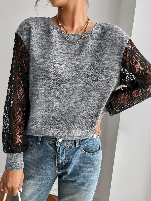 Casual Colorblock Contrast Lace Long Sleeve Round Neck Long Women T-Shirt