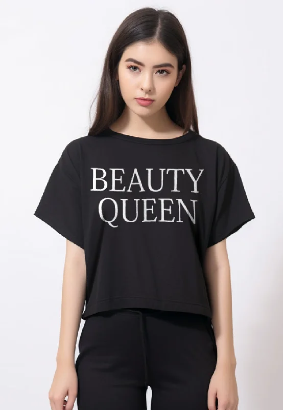 LTE70 kaos oversize OLC crop top BEAUTY QUEEN hitam