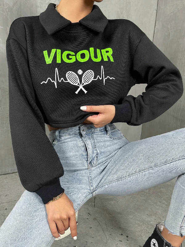 Casual Graphic Long Sleeve Collar Crop Women Sweatshirt