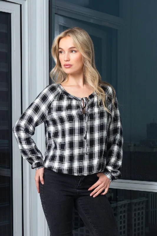 Round Neck 3/4 Sleeve Roll-up Plaid Print Top With Elastic Detail On Waist (16693)