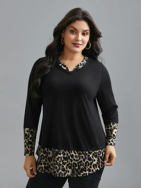 Contrast Patchwork Leopard Stretchy T-shirt